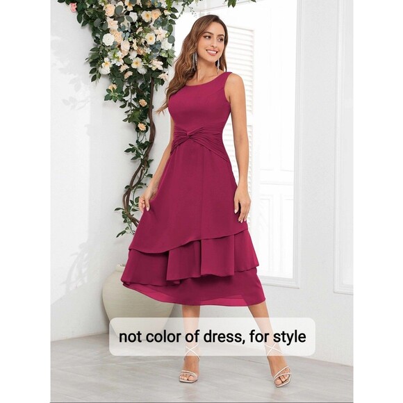 New Mother of the Bride (10) Fuchsia Chiffon Sleeveless Pleated Waist Midi Dress - Picture 2 of 10